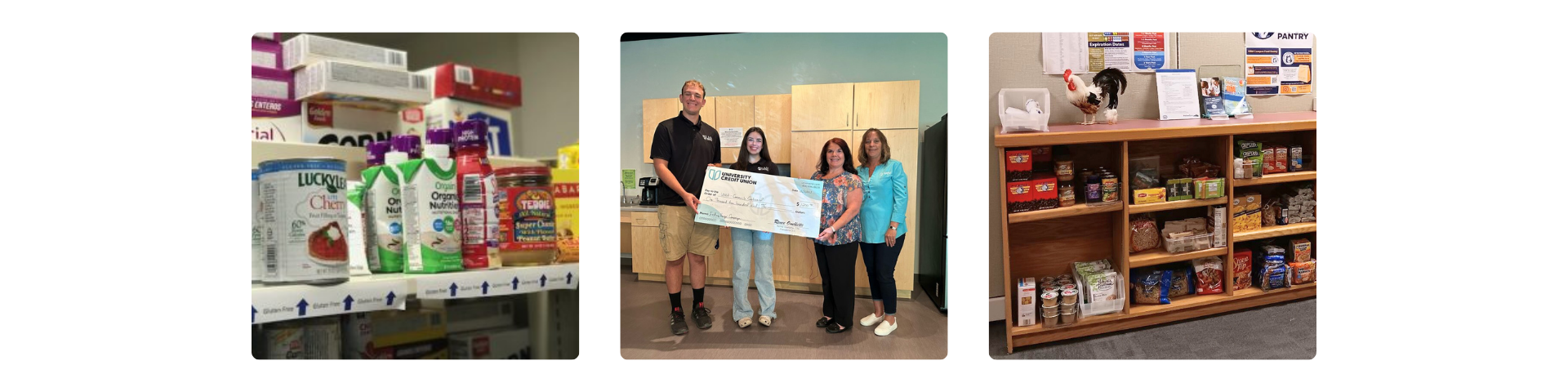 Collage of UMA food pantries showing stocked shelves with canned goods and snacks, staff and volunteers holding a donation check, and a wooden pantry filled with food items and hygiene supplies on campus.