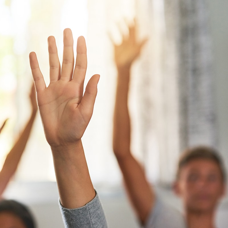 students raising hands in classroom