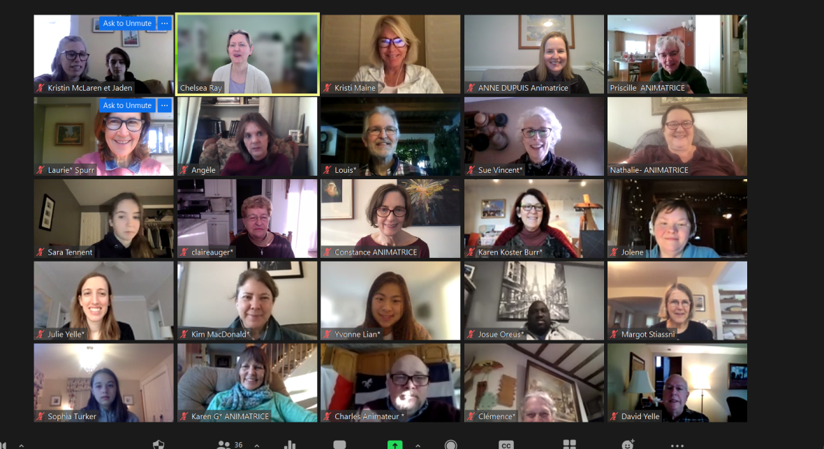 Screenshot of a Zoom meeting showing 25 participants in a five-by-five gallery view, most smiling and joining from their homes.