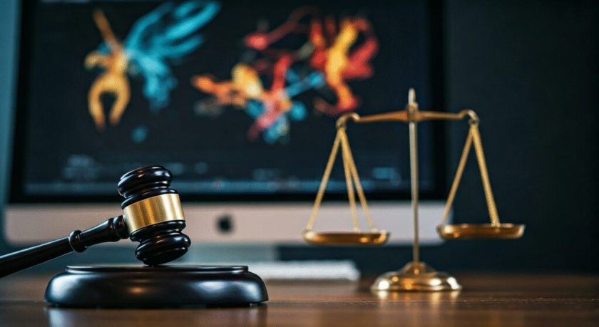 A judge’s gavel and a golden balance scale sit on a wooden desk in front of a computer screen displaying abstract colorful figures, symbolizing law and technology.