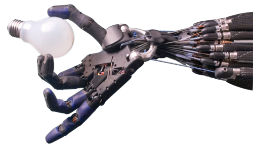 A robotic hand reaches out with a light bulb grasped between its fingers.