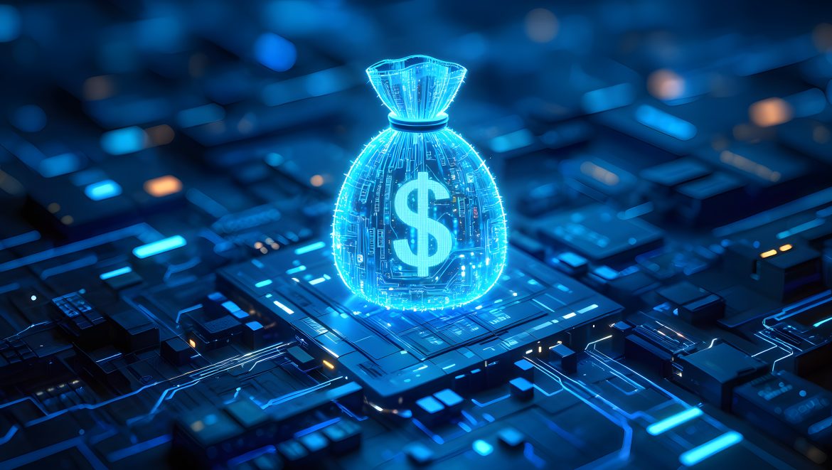 A 3d graphic of a blue digital bag of money marked by a dollar sign, hovering over on circuit board