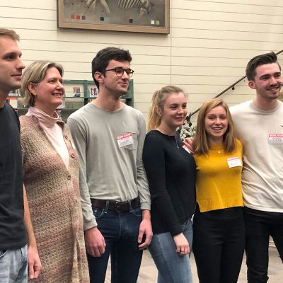 Group photo from left to right: Roman Blyzmink (Ukraine), Chelsea Ray (Assoc Professor French Language & Literature), Joseph Gelebart (France), Youenn Creach (France), Avénie Lauseig (France), and Ema Daiche (France).