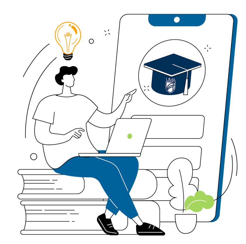 student with laptop sitting on books