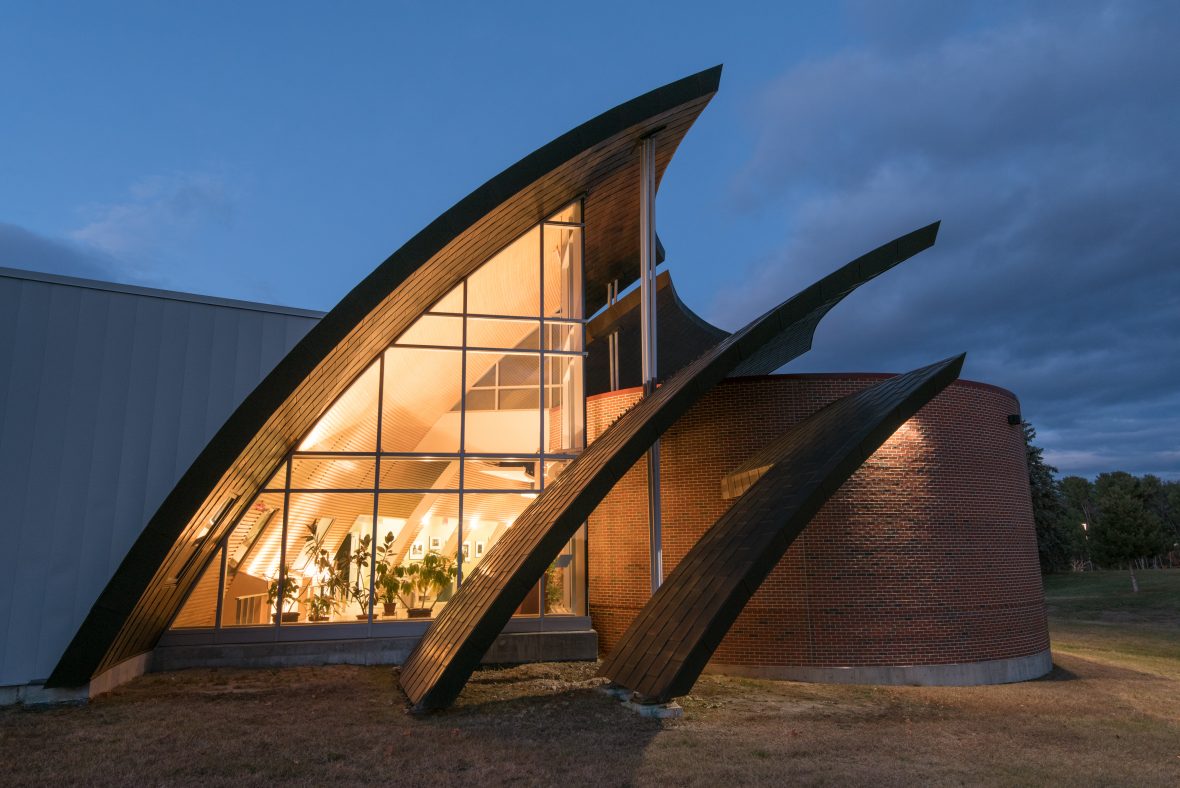 Exterior nightime image of the Michael Klahr Center
