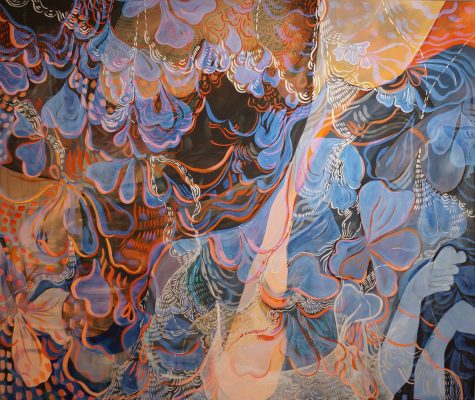 Wylie Garcia, Flowers = Trust Your Instincts, 2019, acrylic on bleached cotton, 74" x 56", copyright Wylie Garcia