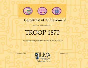 Certificate of Achievement for Girl Scout Troop 1870