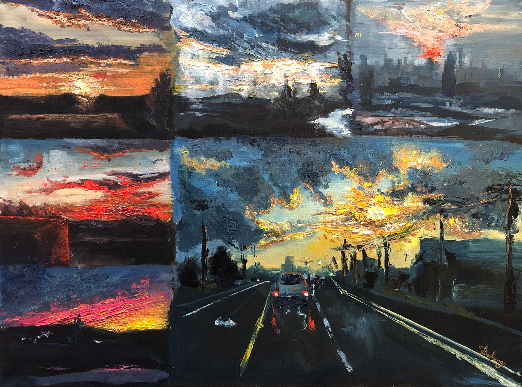 Painting of a variety of sunsets by Boheng Kou, "Delighted", Kents Hill School