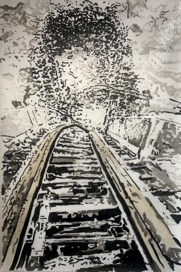 Peter Precourt, “Things Fall Apart,” Sumi-e ink and coffee on photo diffuser screen, 72 x 48 inches, 2020 – 2021