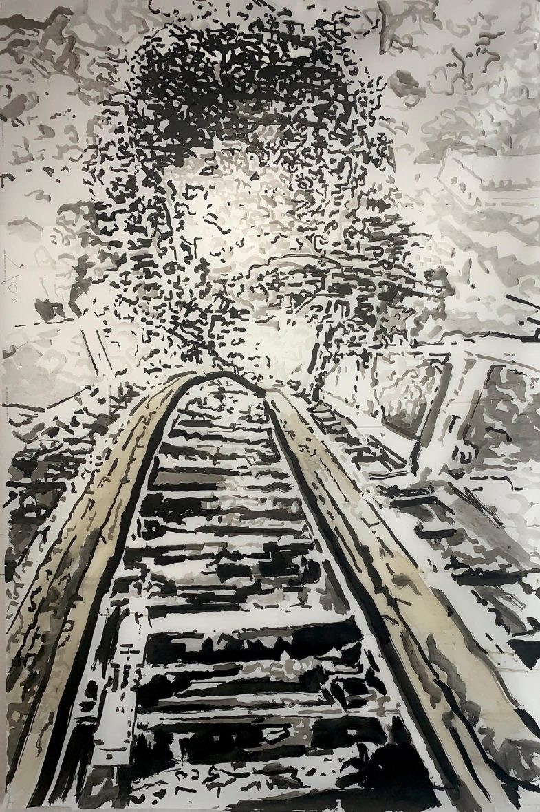 Peter Precourt, “Things Fall Apart,” Sumi-e ink and coffee on photo diffuser screen, 72 x 48 inches, 2020 – 2021