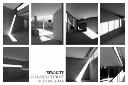 A postcard-size image composed of a grid of black and white images showing the effects of light on an architectural model. Near the center are the words: TENACITY, 2021 Architecture Student Show. 