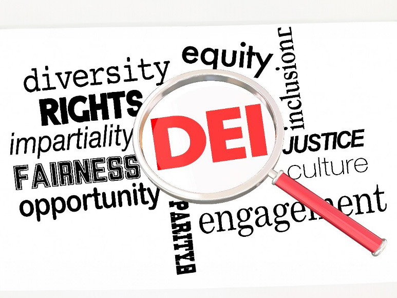 Word Cloud: DEI, diversity, rights, impartiality, fairness, opportunity, party, engagement, culture, justice, inclusion, equity.