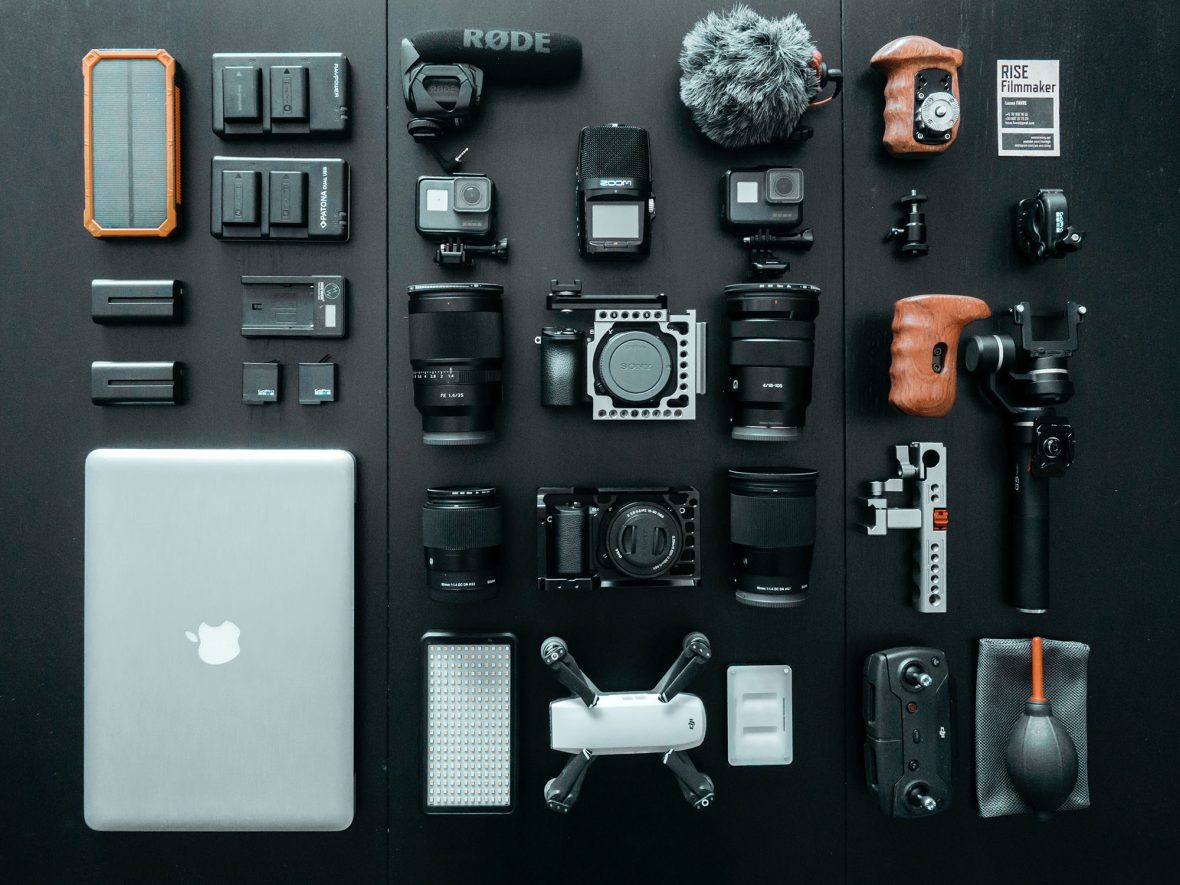 generic audio visual equipment laid out neatly on a table