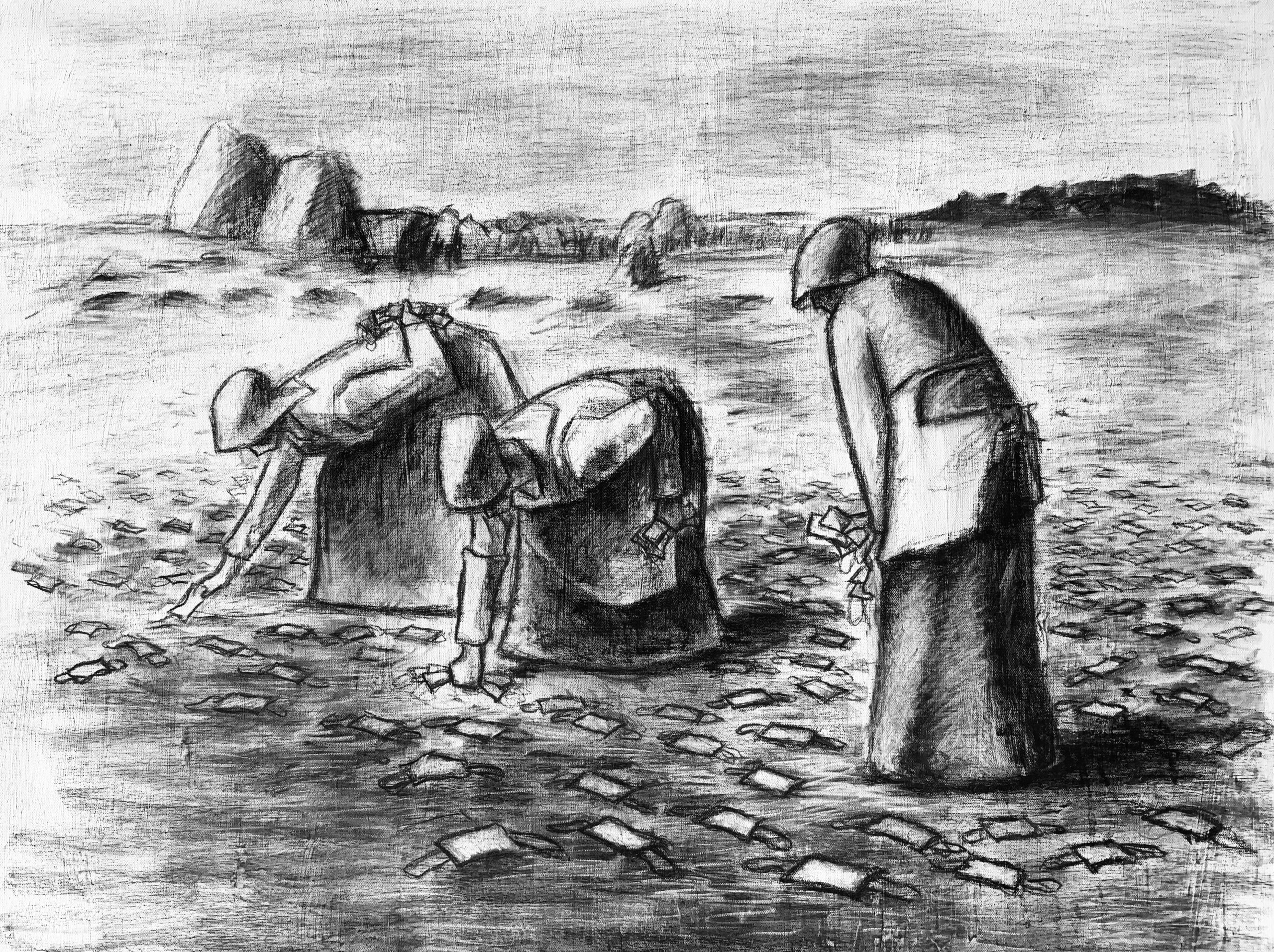 donald l. patten mask gleaners charcoal on canvas 2024