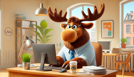 Friendly cartoon moose working on a computer.