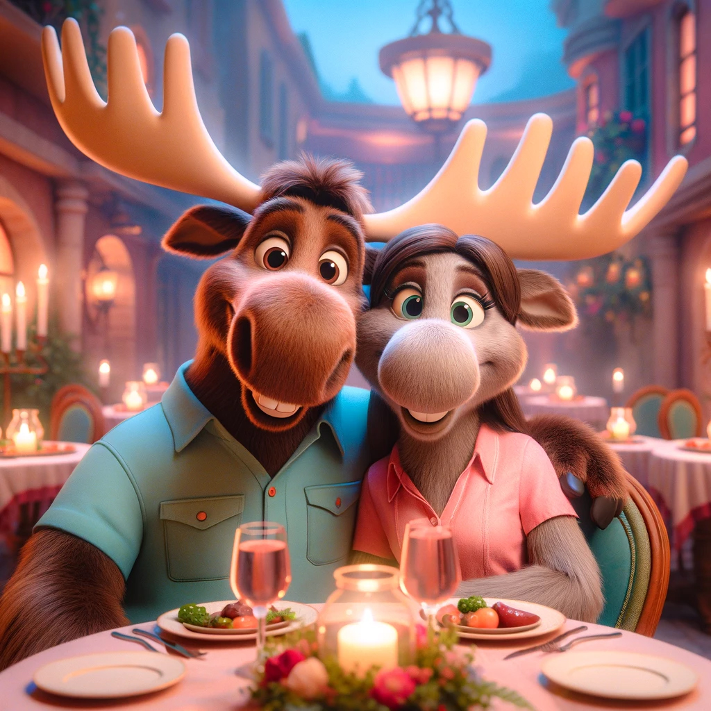 a friendly moose couple enjoying dinner together, smiling warmly for a photo in Pixar animation style.