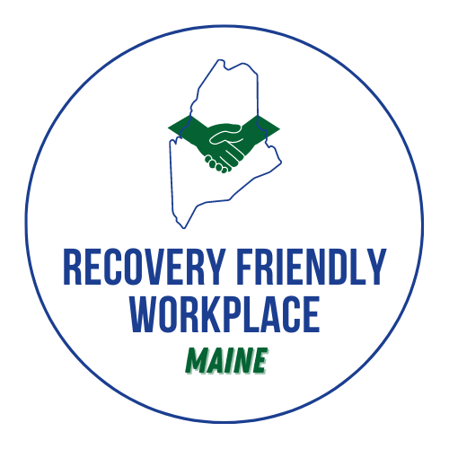 Recovery Friendly Workplace Maine Logo with hands shaking over the outline of the state.