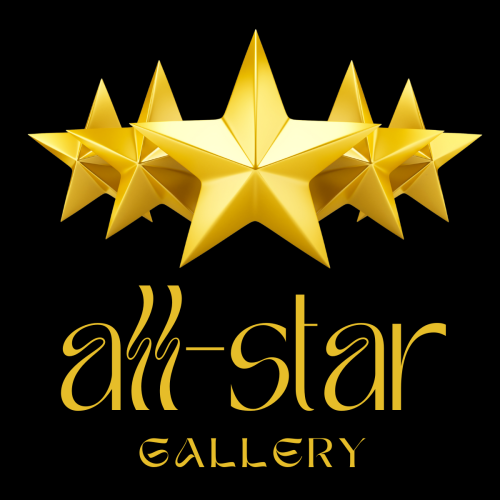 A row of five shimmering golden stars with sharp points against a solid black background, positioned above the text "all-star GALLERY" in elegant gold lettering.