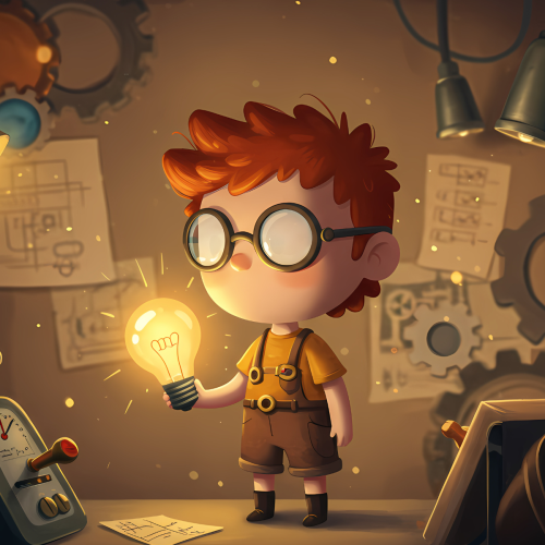 A cartoon boy with bright red hair and round glasses stands in a workshop holding a glowing incandescent lightbulb. Gears and technical diagrams are visible on the wall behind him.