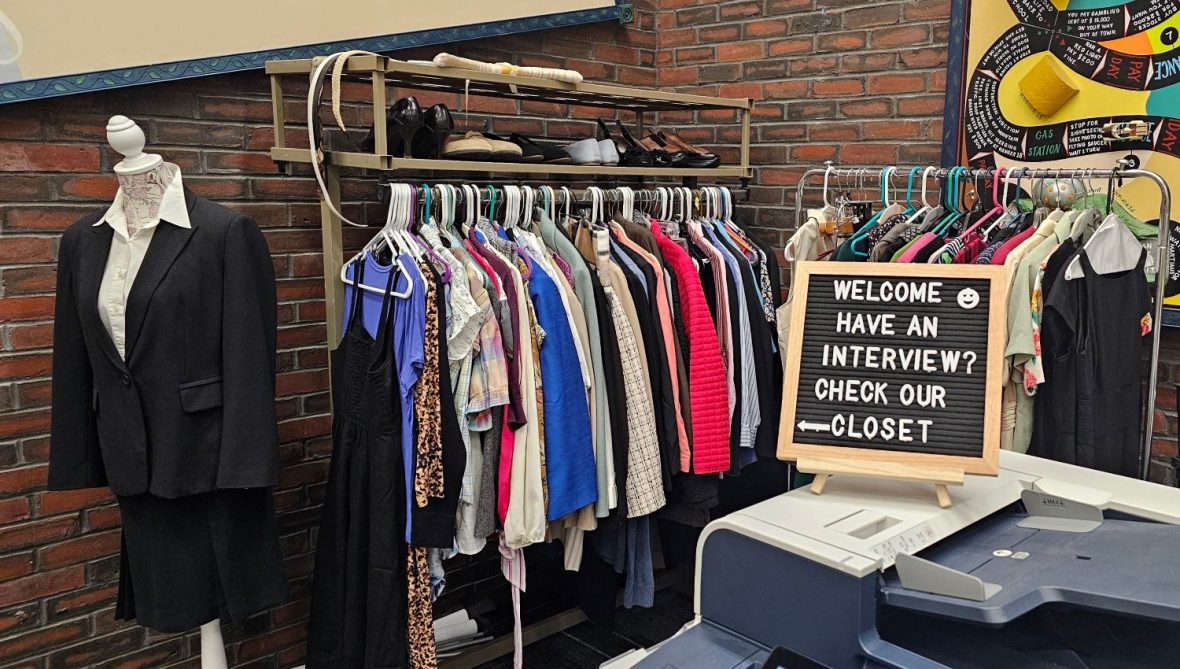 Two racks of free business clothing and shoes