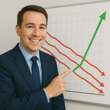 Decorative image. AI Generated smiling man points to upward pointing green arrow on a graph while other red arrows indicate downward trends.