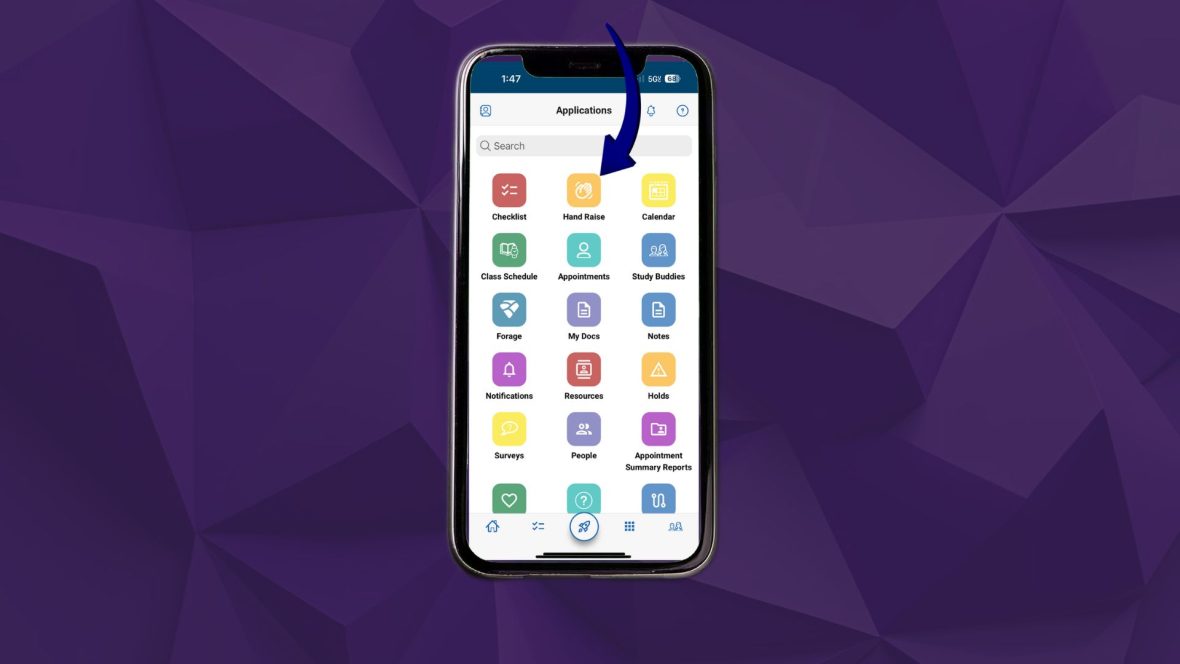 Smartphone screen showing the Navigate app menu. A blue arrow points to the yellow ‘Hand Raise’ icon in the center of the screen.