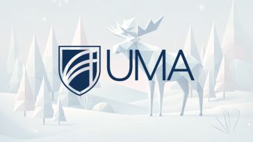 UMA logo on a wintery moose geometric landscape