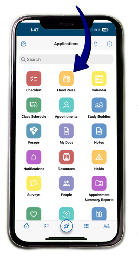 Smartphone screen showing the Navigate app menu. A blue arrow points to the yellow ‘Hand Raise’ icon in the center of the screen.