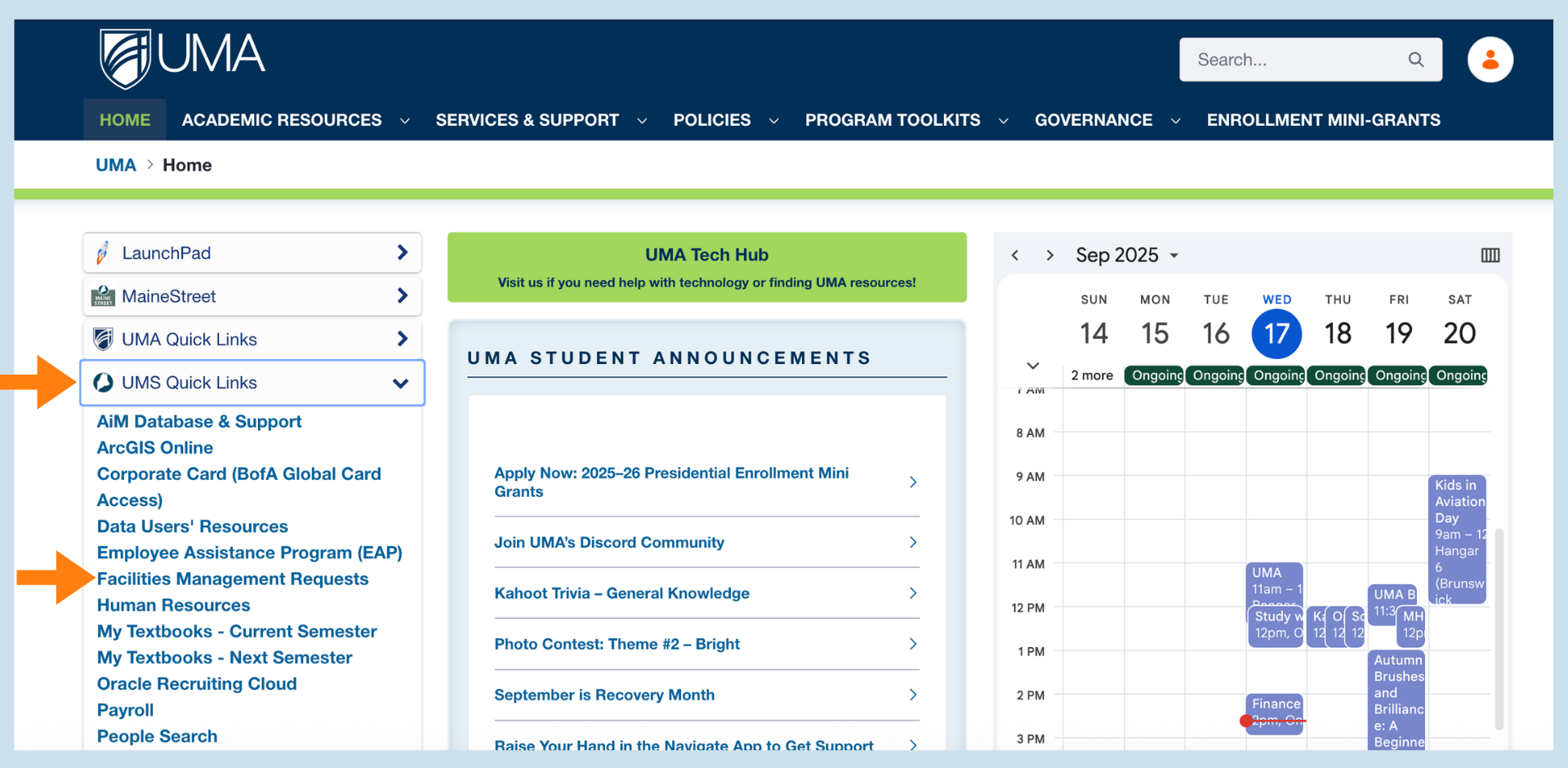 screenshot of MyUMA portal, the UMS quick links menu is expanded under the Launchpad, and an arrow points to the link that reads "Facilities management requests"