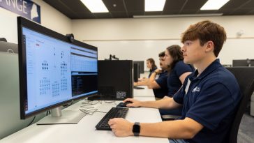 cybersecurity students and computer screens