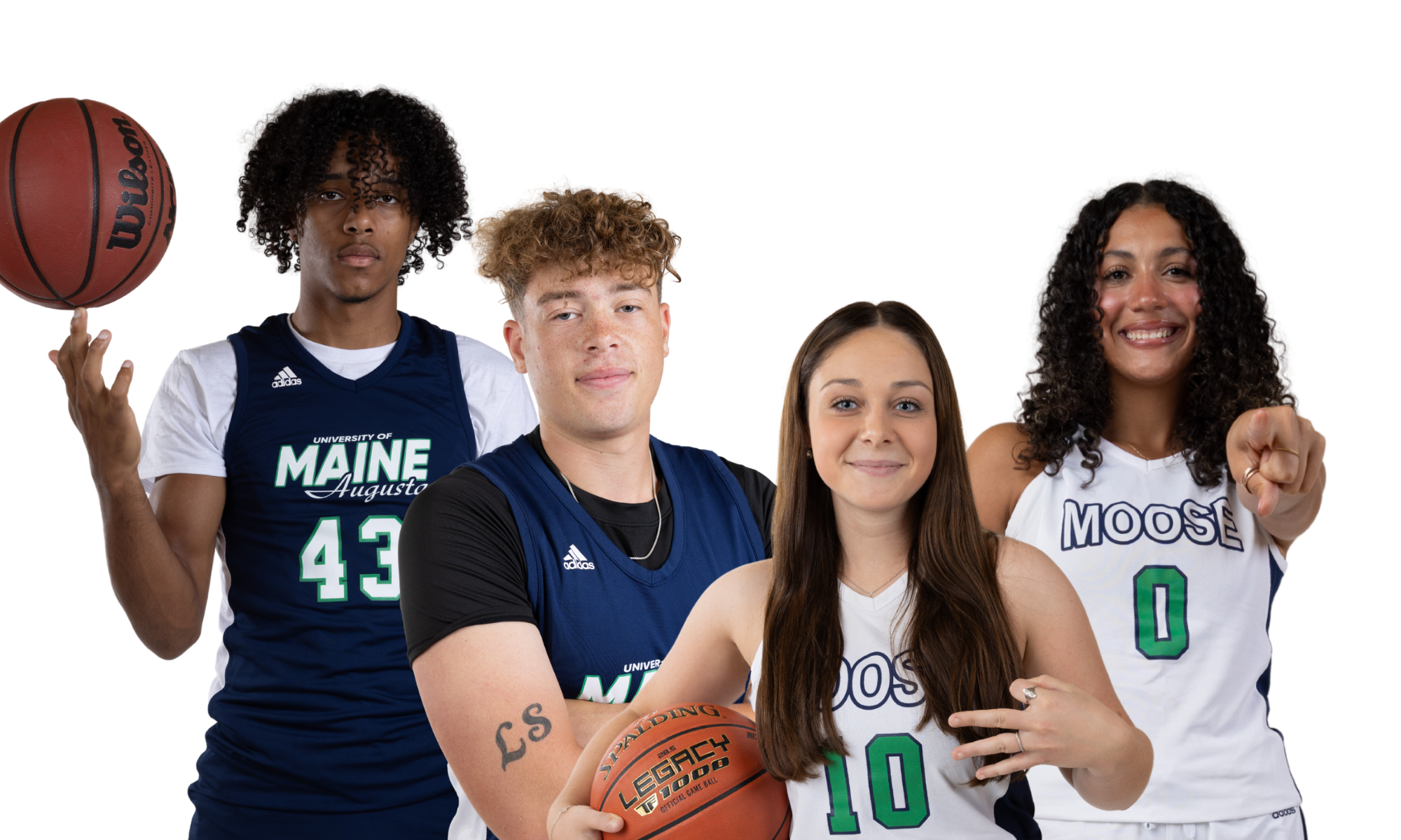 UMA athletes posing in their basketball jerseys