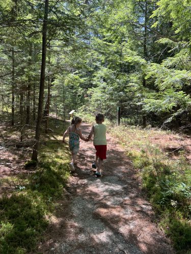 Two children stand on a wooded trail, one performing a push-up while the other looks on.