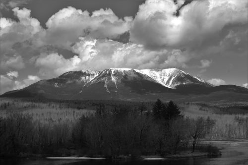 Black-and-white landscape of a snow-capped mountain range under billowing clouds, with a dense forest of bare trees in the foreground