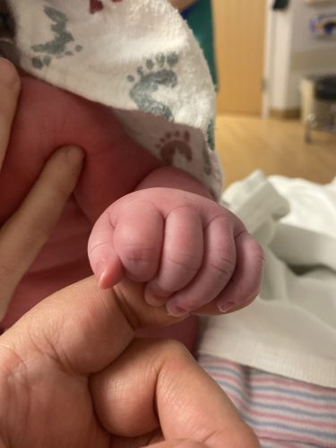 Close-up of a newborn baby's hand tightly gripping an adult finger, with soft blankets in the background.