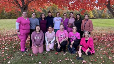 Dental hygiene students wearing pink in honor of Breast Cancer awareness.