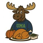 A cartoon moose with a UMA sweatshirt poses with a roasted turkey and THanksgiving sides