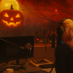 a spooky, halloween themed radio station studio