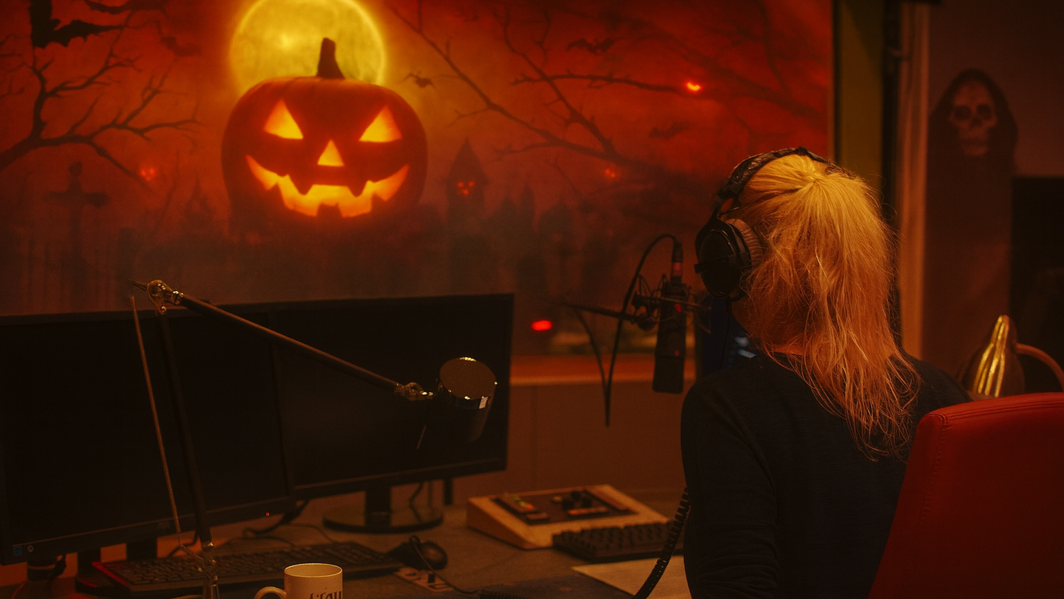 a spooky, halloween themed radio station studio