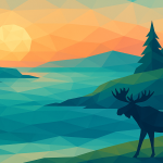 a geometric illustration of a moose landscape sunset scene