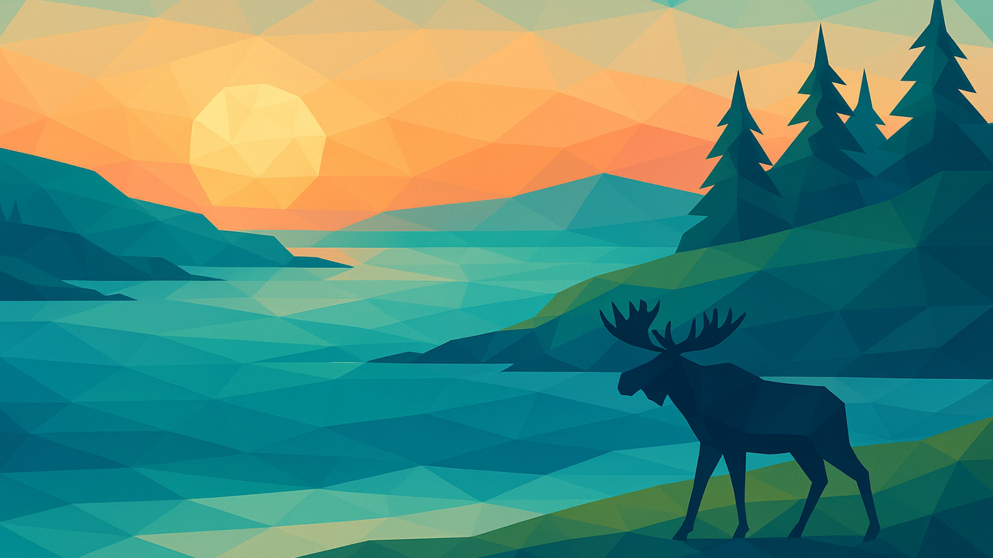 a geometric illustration of a moose landscape sunset scene