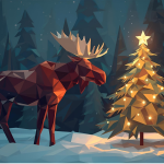 A stylized low-poly illustration of a moose standing in a snowy forest at night, gazing at a glowing Christmas tree decorated with warm yellow lights and topped with a star. Tall, angular evergreen trees surround the scene under a dark, starry sky.