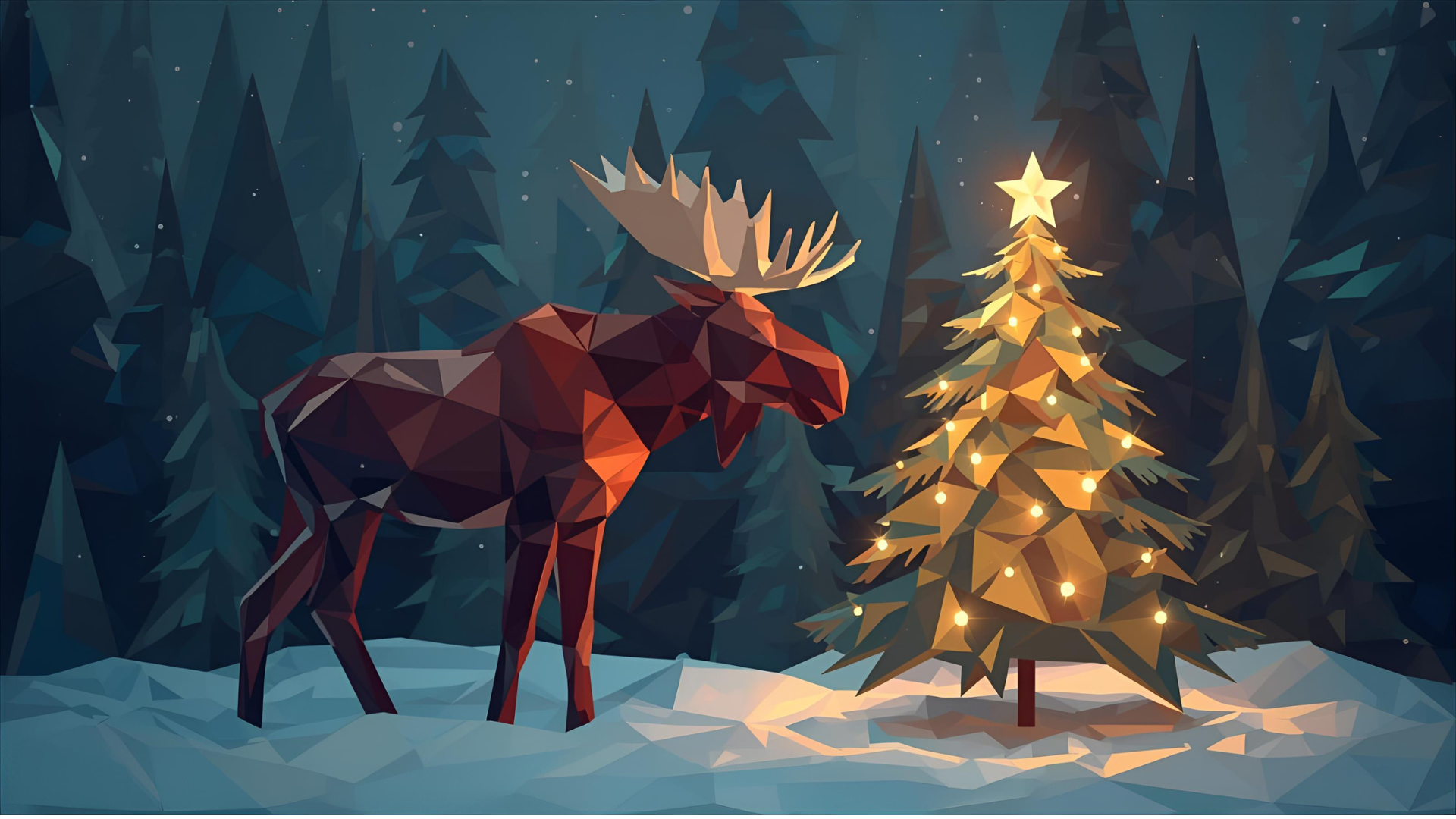A stylized low-poly illustration of a moose standing in a snowy forest at night, gazing at a glowing Christmas tree decorated with warm yellow lights and topped with a star. Tall, angular evergreen trees surround the scene under a dark, starry sky.