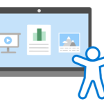 A laptop displaying icons for a video presentation, a document, and a photo. In front of the laptop is a simplified person icon with a green checkmark, indicating accessibility or successful access.