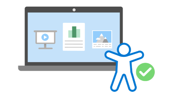 A laptop displaying icons for a video presentation, a document, and a photo. In front of the laptop is a simplified person icon with a green checkmark, indicating accessibility or successful access.