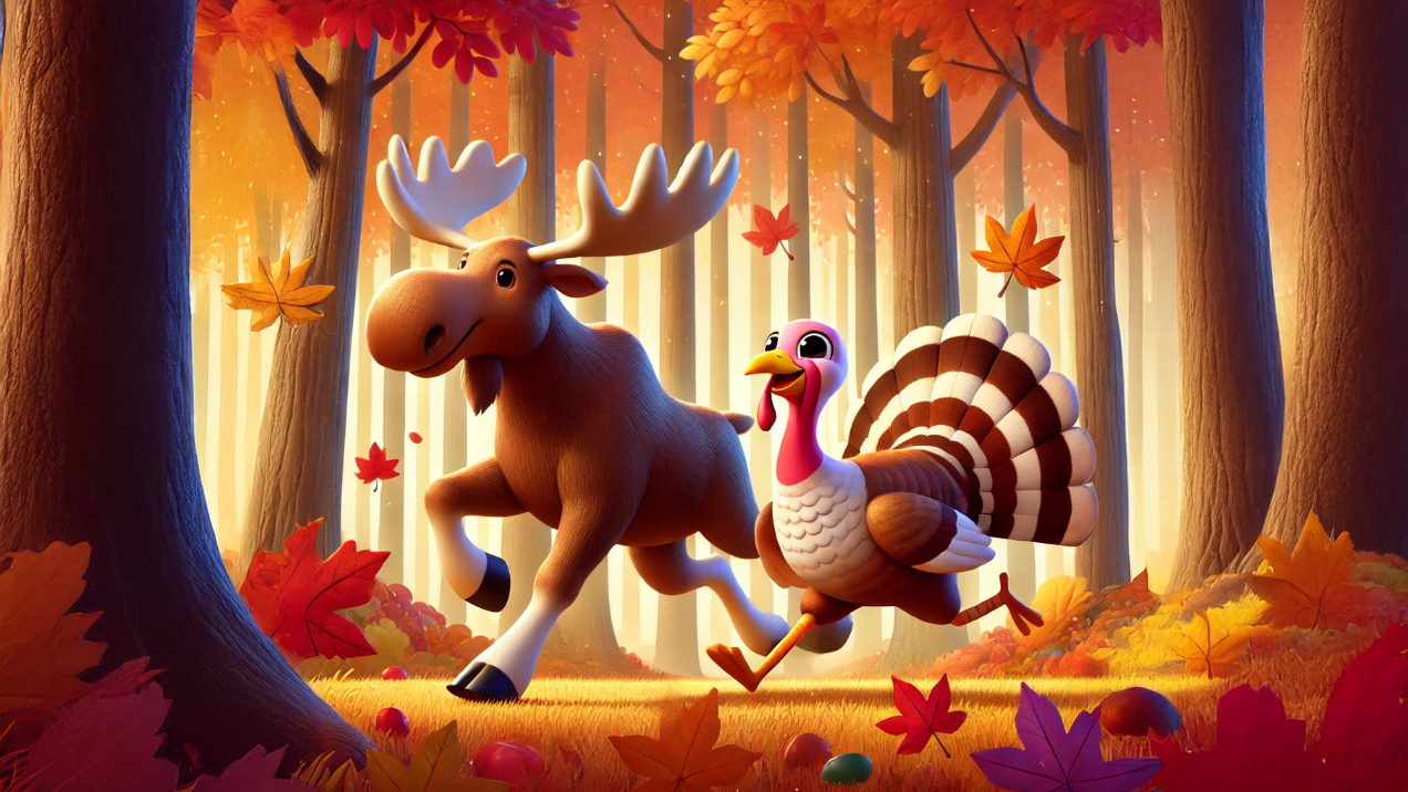 friendly moose and turkey running through a beautiful fall forest