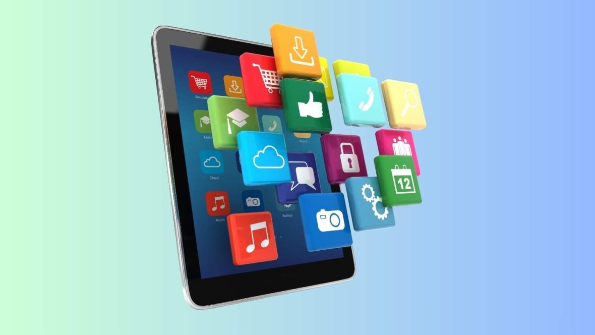 An iPad with apps floating out of it