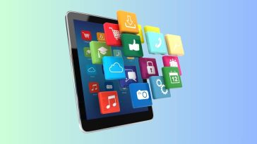 An iPad with apps floating out of it