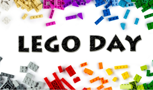 The words "Lego Day" surrounded by colorful loose lego blocks