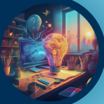 Colorful illustration of a desk with a glowing lightbulb, computer screen, and creative tools