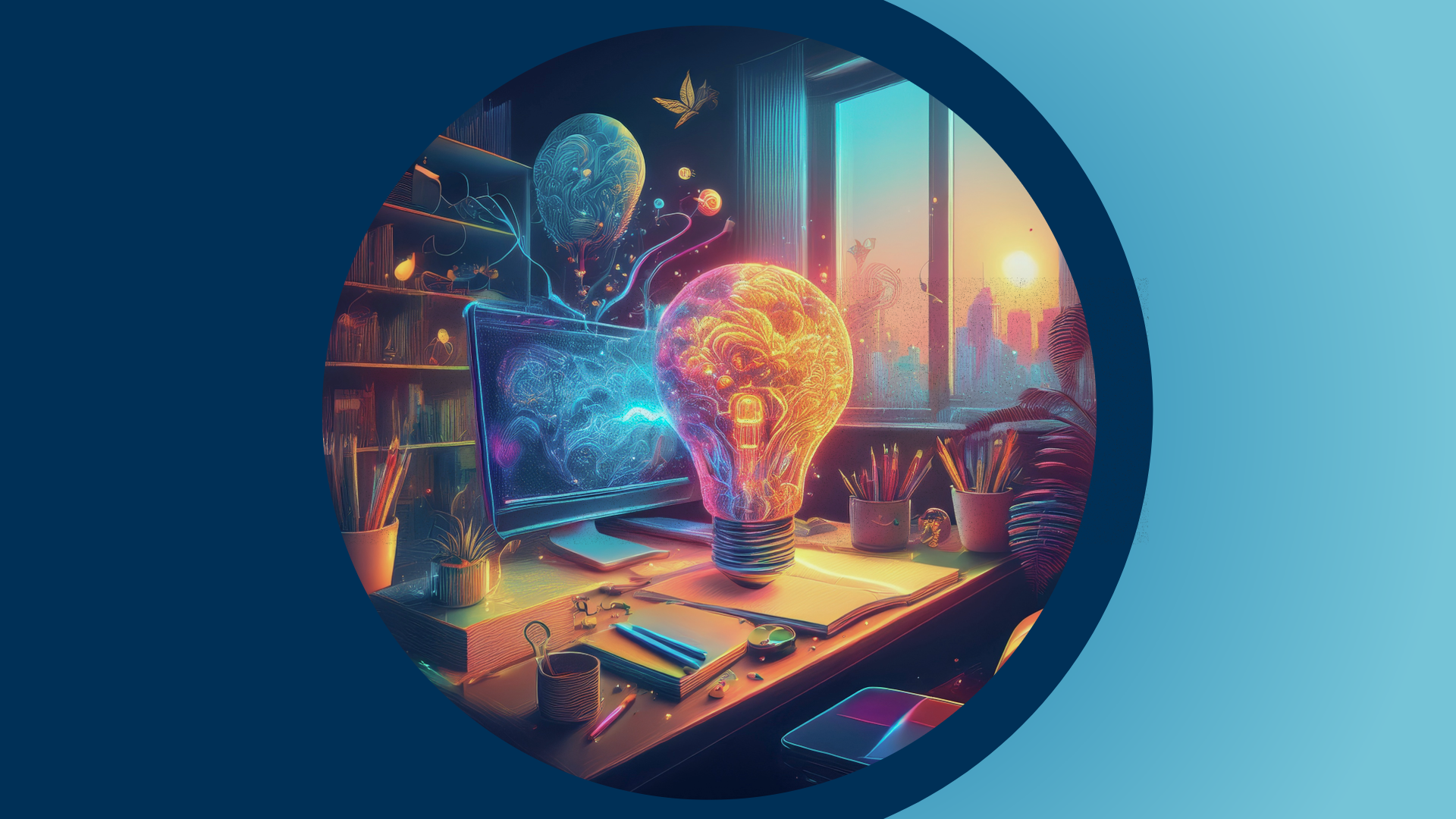 Colorful illustration of a desk with a glowing lightbulb, computer screen, and creative tools